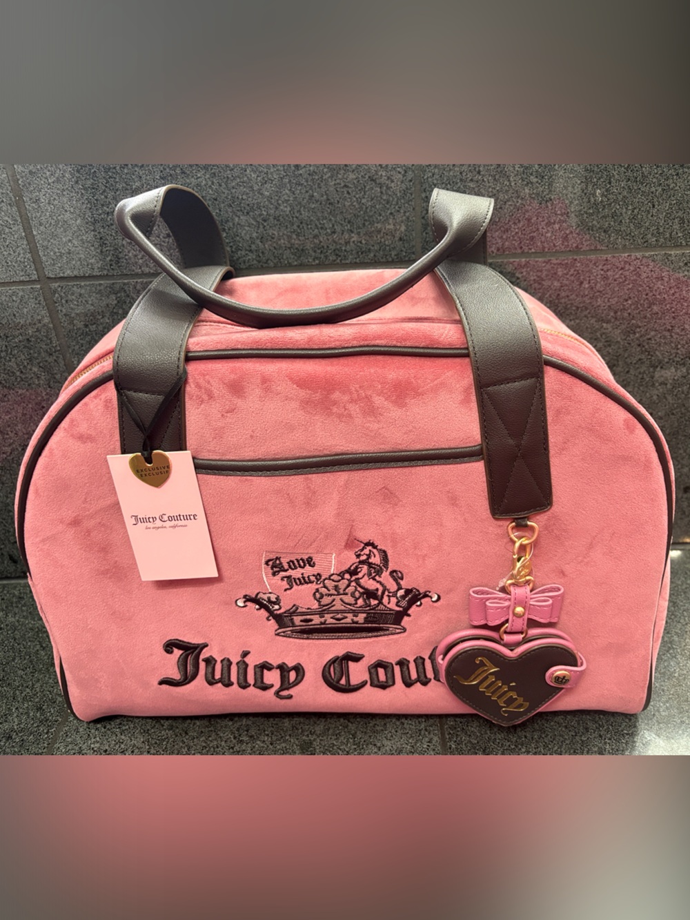 Exclusive Juicy Couture Pink Tote with Brown Trim and Heart Charm